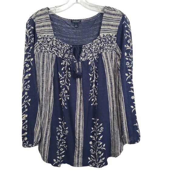 Lucky Brand Women Sz L Shirt Blouse Boho Floral Peasant Tassel Tie Puff Sleeves - Picture 2 of 11